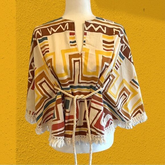 70s vintage true hippie cotton poncho with rope and fringe - Picture 6 of 11
